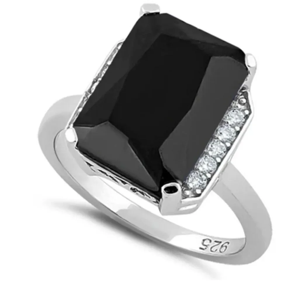 Sterling Silver Black Onyx Radiant Cut CZ Solitaire Ring Size 6 New